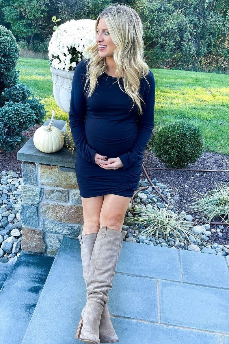 Navy Blue Long Sleeve Wrap Hem Fitted Maternity Dress PinkBlush Navy Blue Long Sleeve Wrap Hem Fitted Maternity Dress PinkBlush