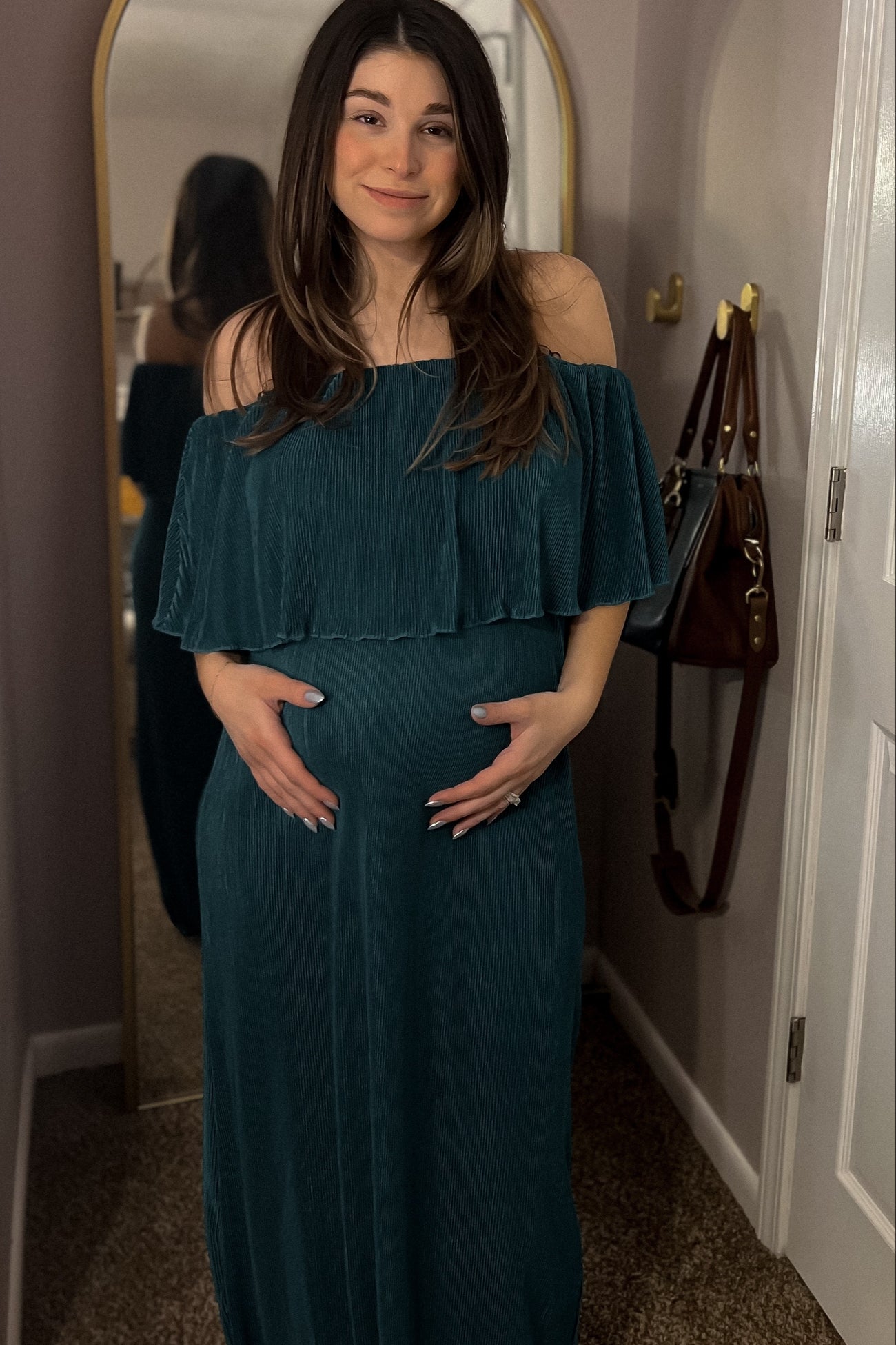 Forest Green Pleated Ruffle Off Shoulder Maternity Maxi Dress PinkBlush Forest Green Pleated Ruffle Off Shoulder Maternity Maxi Dress PinkBlush