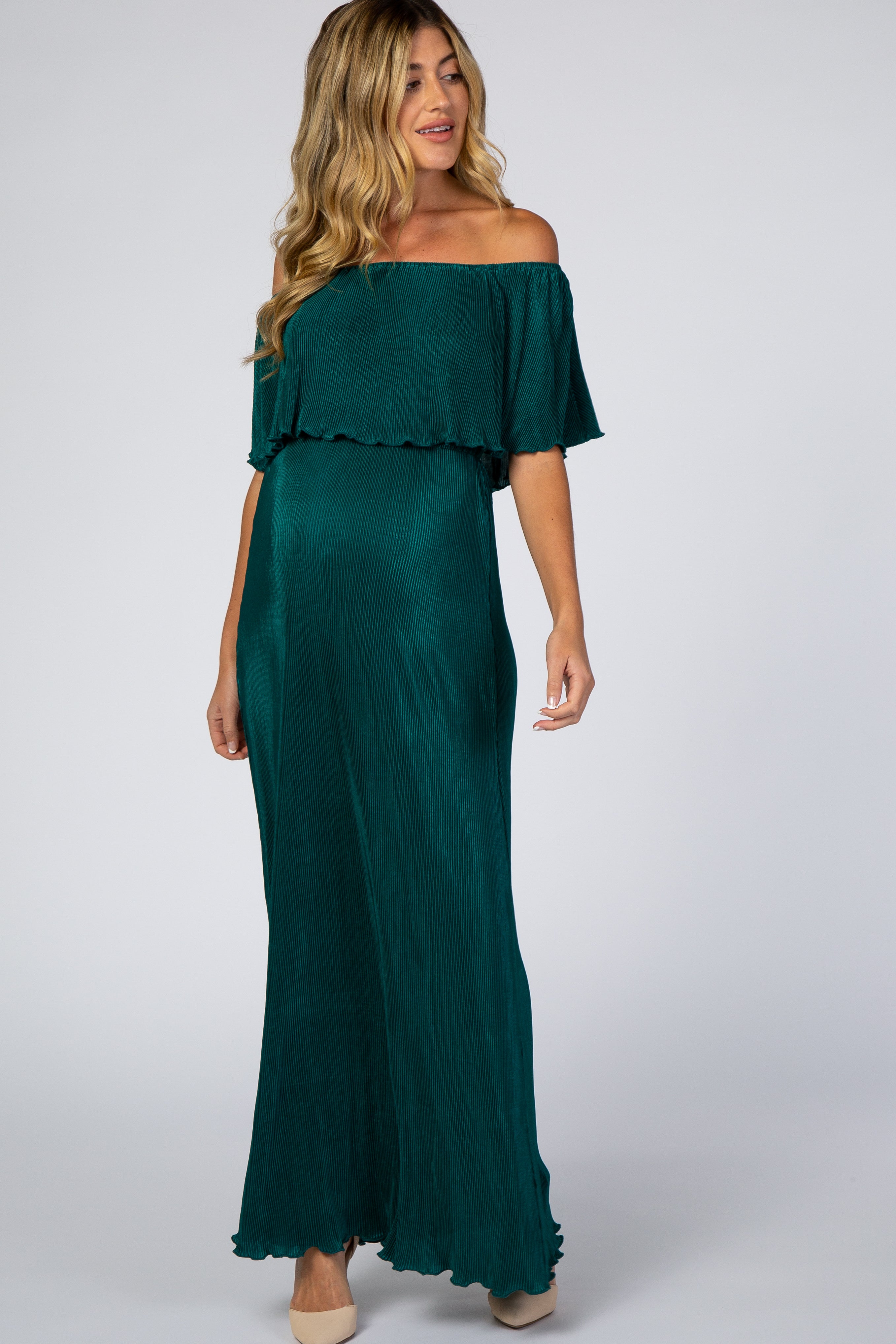 Forest Green Pleated Ruffle Off Shoulder Maternity Maxi Dress Medium