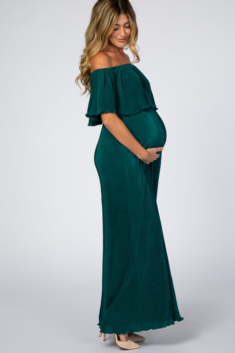 Forest Green Pleated Ruffle Off Shoulder Maternity Maxi Dress Forest Green Pleated Ruffle Off Shoulder Maternity Maxi Dress