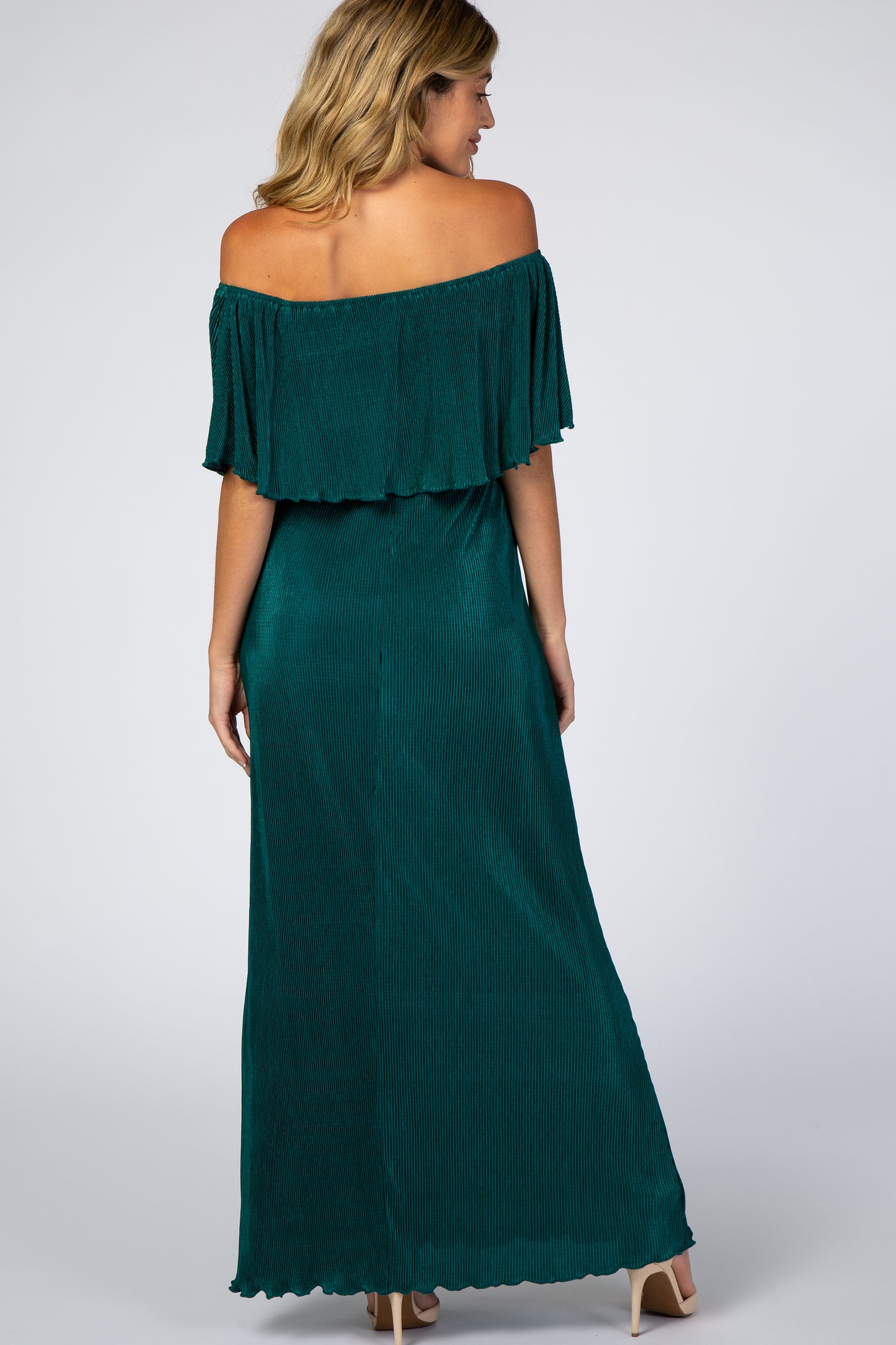 Forest Green Pleated Ruffle Off Shoulder Maternity Maxi Dress Forest Green Pleated Ruffle Off Shoulder Maternity Maxi Dress