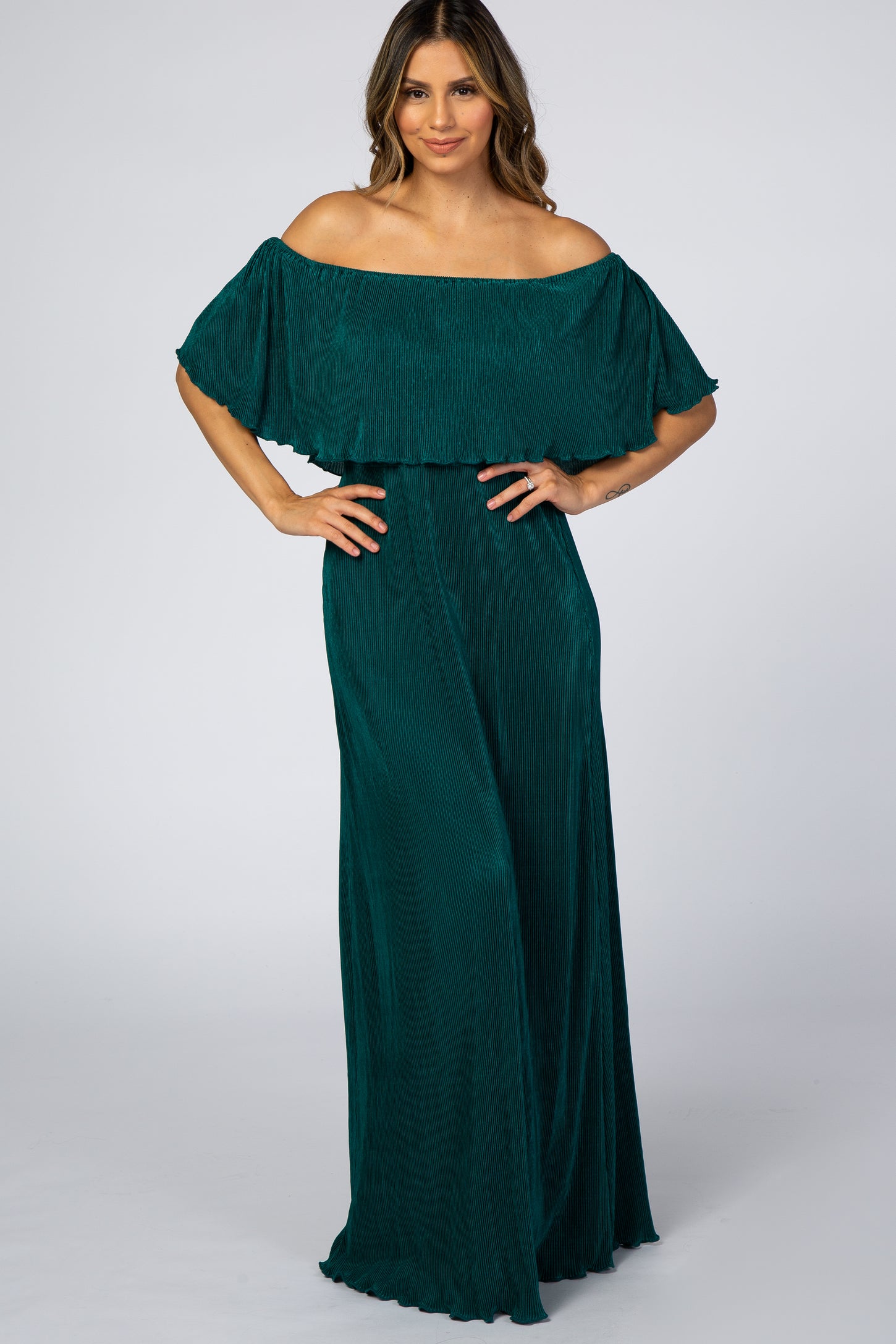 Pinkblush Forest Green Pleated Ruffle Off Shoulder Maternity Maxi Dress Medium Pinkblush Forest Green Pleated Ruffle Off Shoulder Maternity Maxi Dress Medium