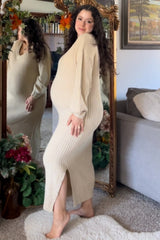 Beige V-Neck Ribbed Maternity Sweater Dress