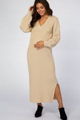 Beige V-Neck Ribbed Maternity Sweater Dress