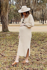 Beige V-Neck Ribbed Maternity Sweater Dress