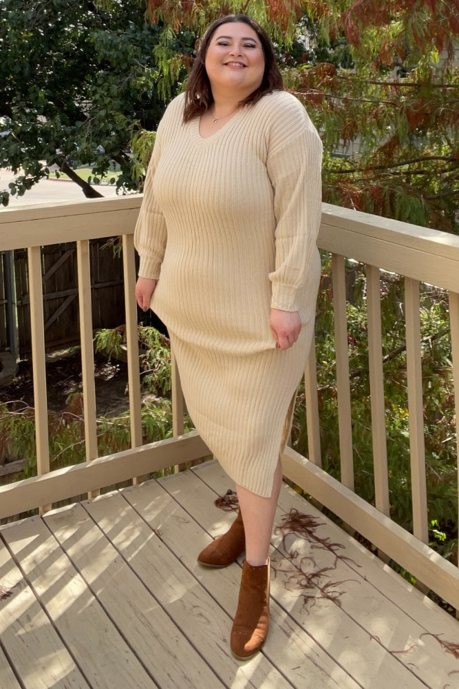 Beige V-Neck Ribbed Sweater Dress PinkBlush Beige V-Neck Ribbed Sweater Dress PinkBlush