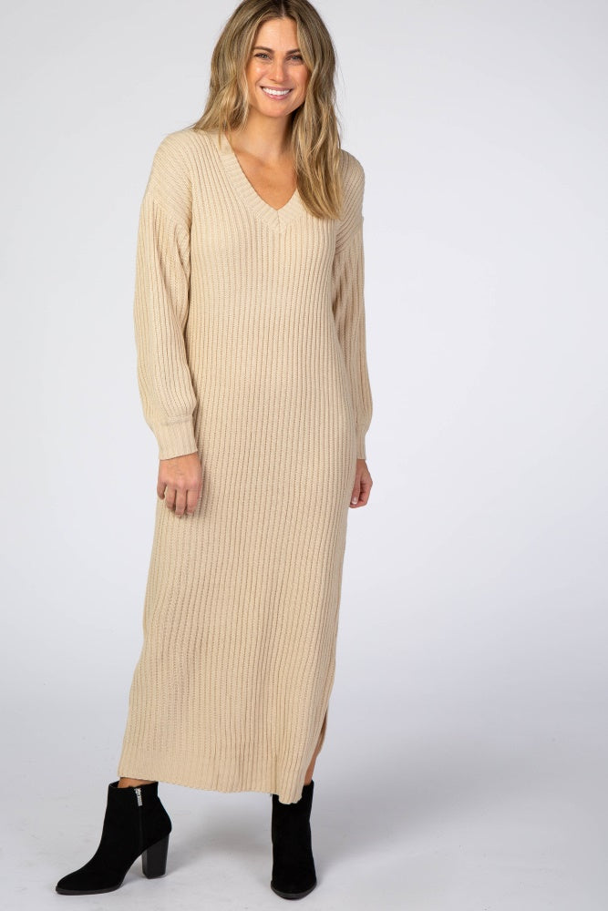 Beige V-Neck Ribbed Sweater Dress PinkBlush Beige V-Neck Ribbed Sweater Dress PinkBlush