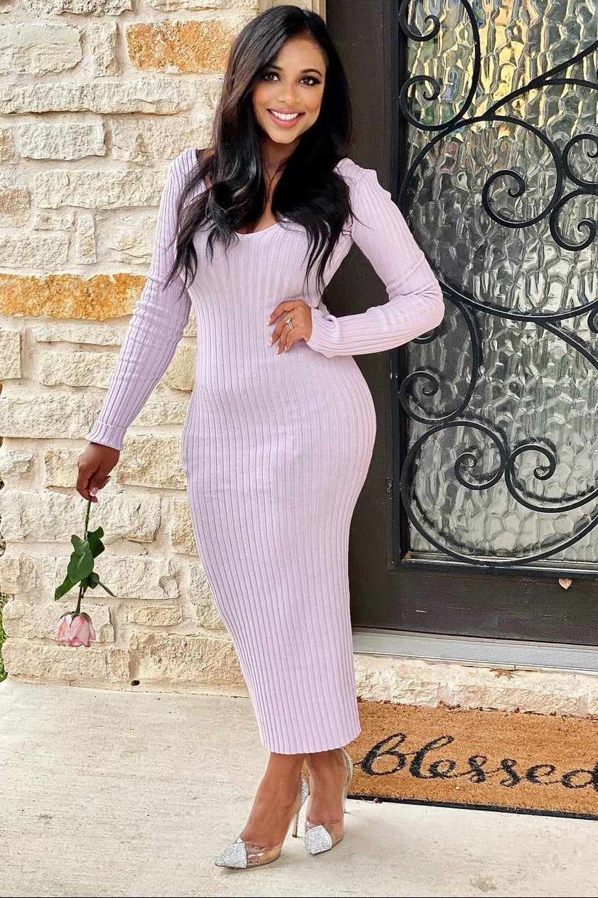 Lavender V-Neck Long Sleeve Fitted Maxi Dress