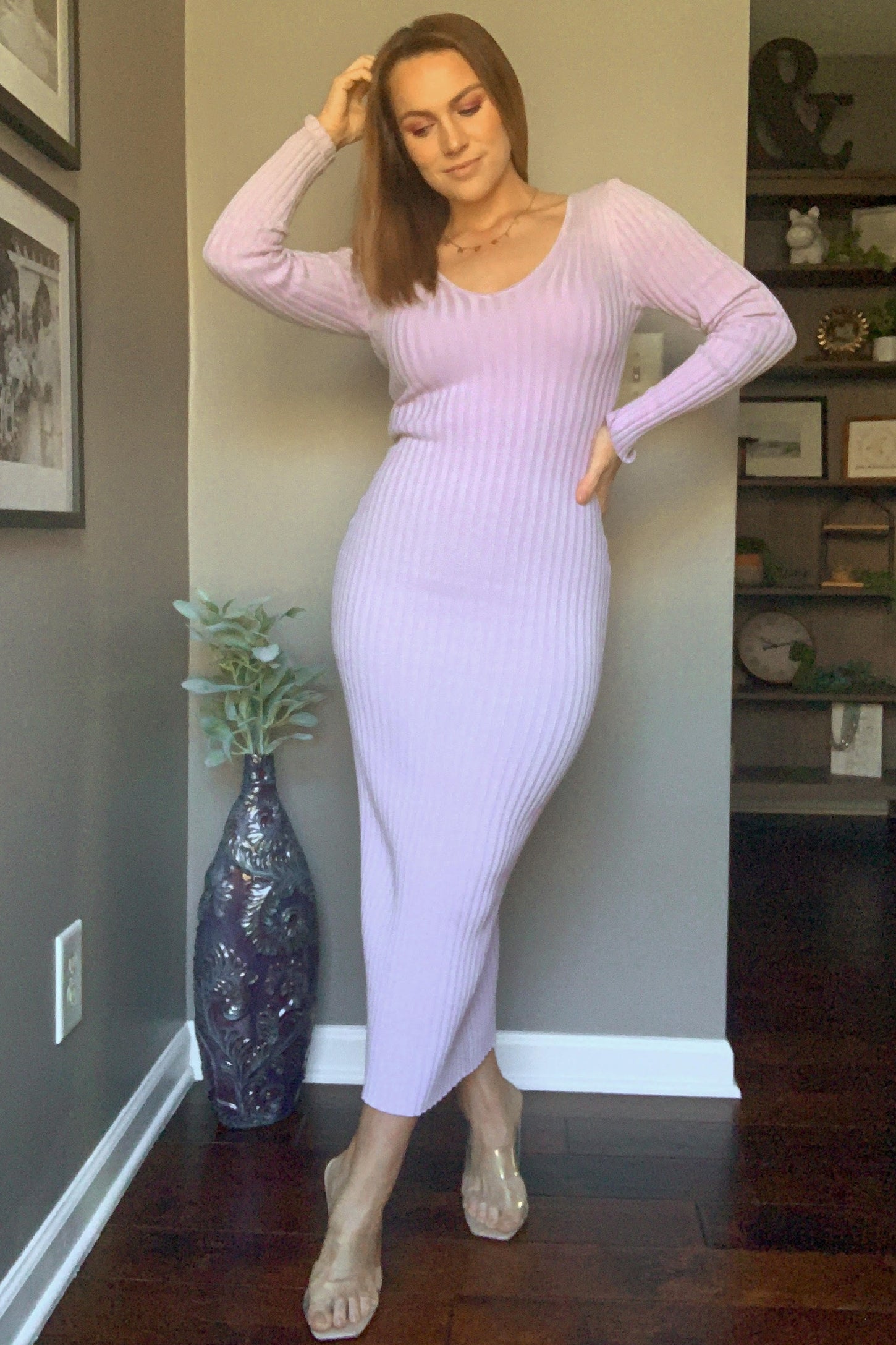 Lavender V-Neck Long Sleeve Fitted Maxi Dress