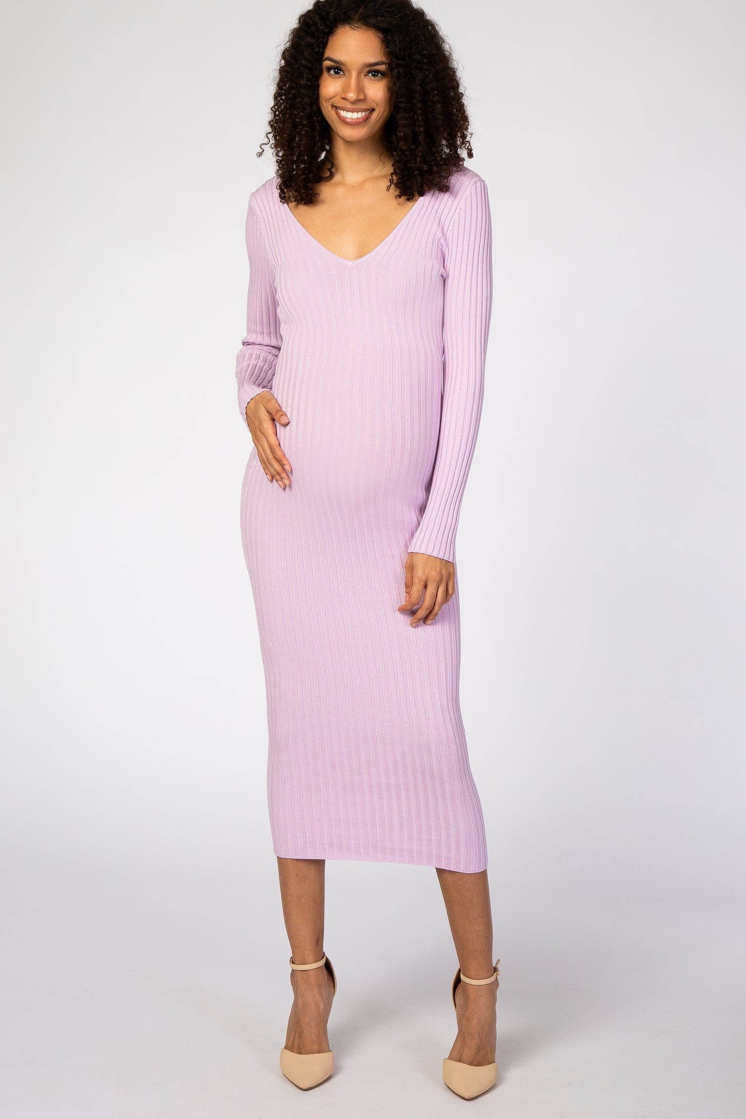 Pinkblush Lavender V-Neck Long Sleeve Fitted Maternity Maxi Dress Pinkblush Lavender V-Neck Long Sleeve Fitted Maternity Maxi Dress