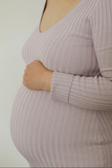Lavender V-Neck Long Sleeve Fitted Maternity Maxi Dress