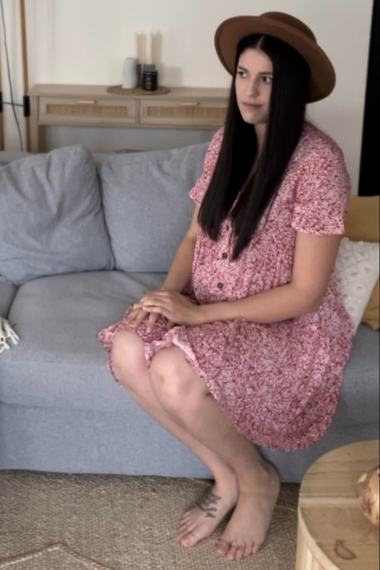 Red Floral Ruffle Tiered Button Front Dress