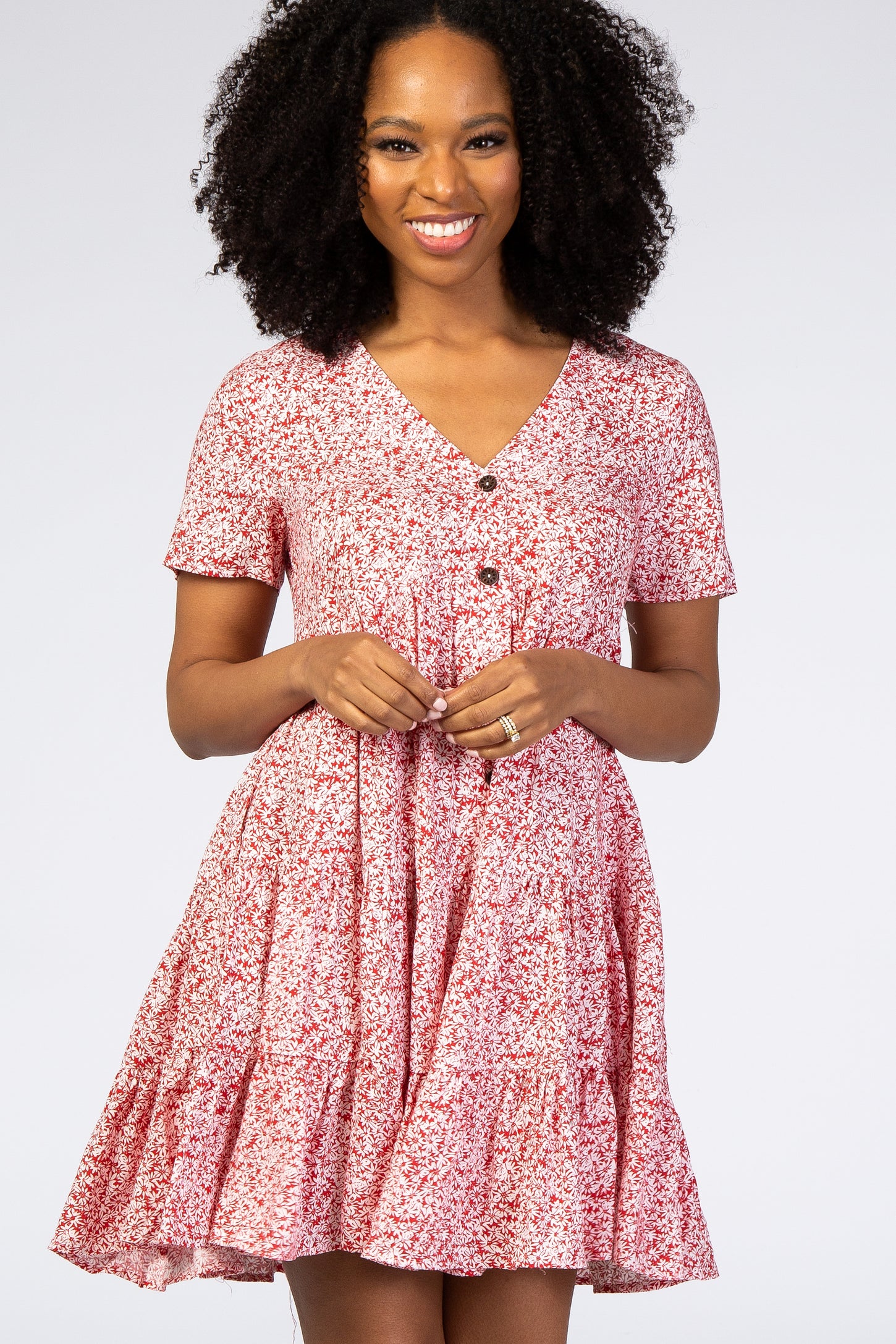 Red Floral Ruffle Tiered Button Front Dress