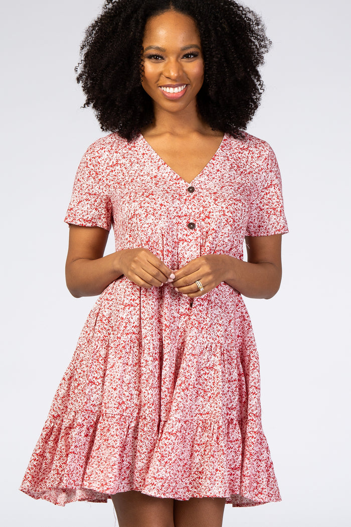 Red Floral Ruffle Tiered Button Front Dress