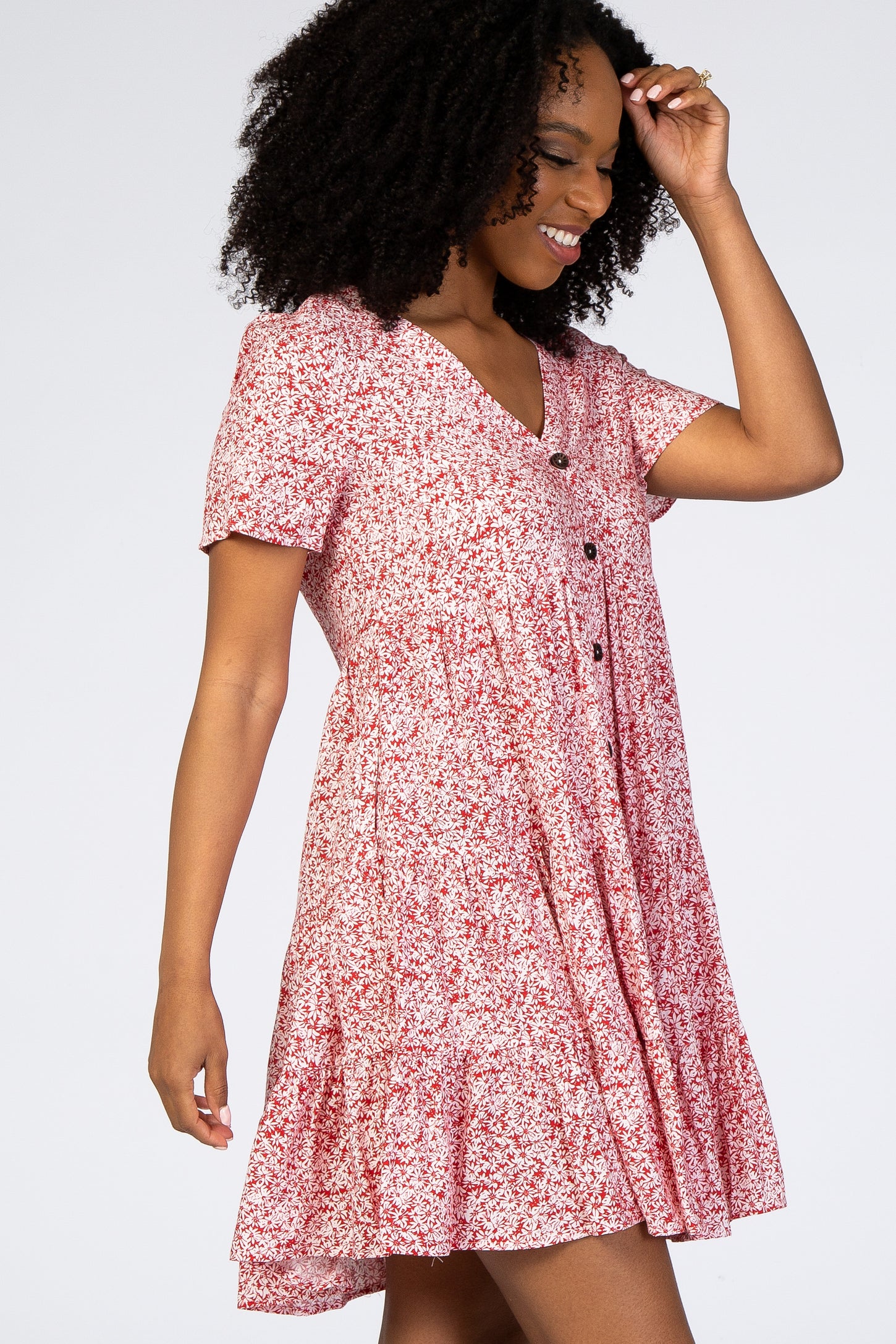 Red Floral Ruffle Tiered Button Front Dress