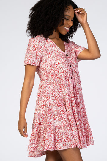 Red Floral Ruffle Tiered Button Front Dress