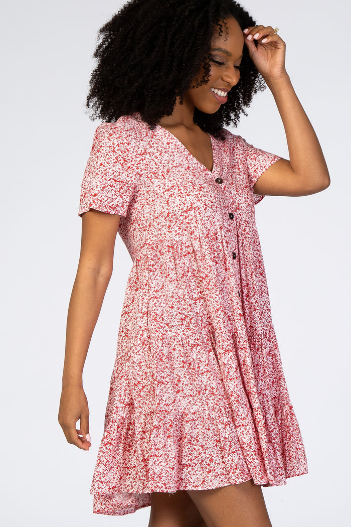 Red Floral Ruffle Tiered Button Front Dress