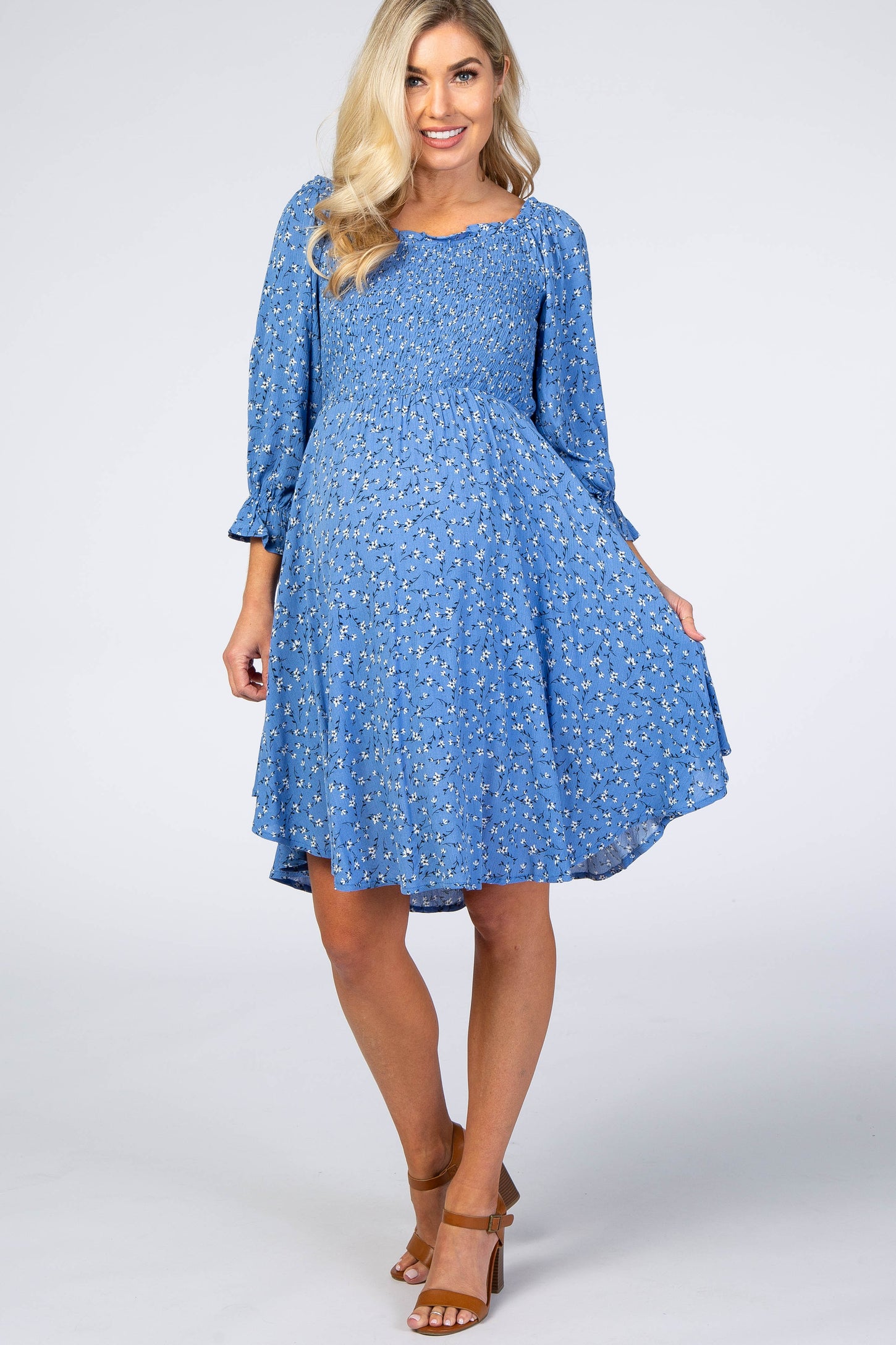 Blue Floral Smocked Maternity Dress – PinkBlush