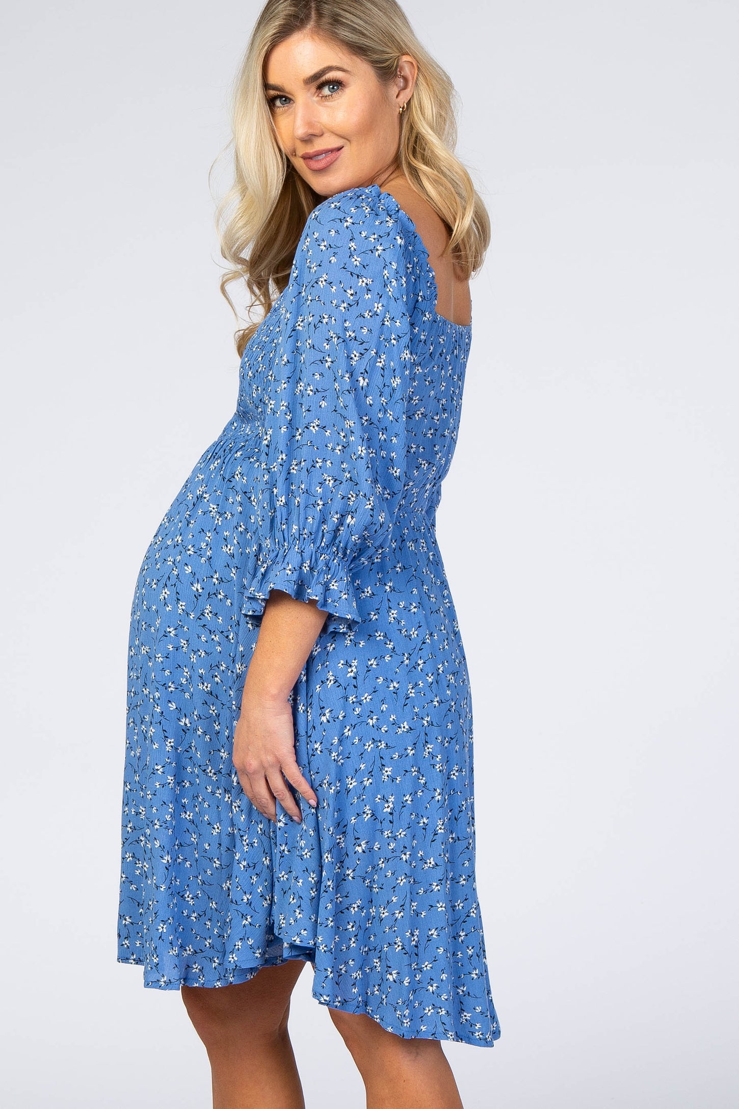 Blue Floral Smocked Maternity Dress – PinkBlush