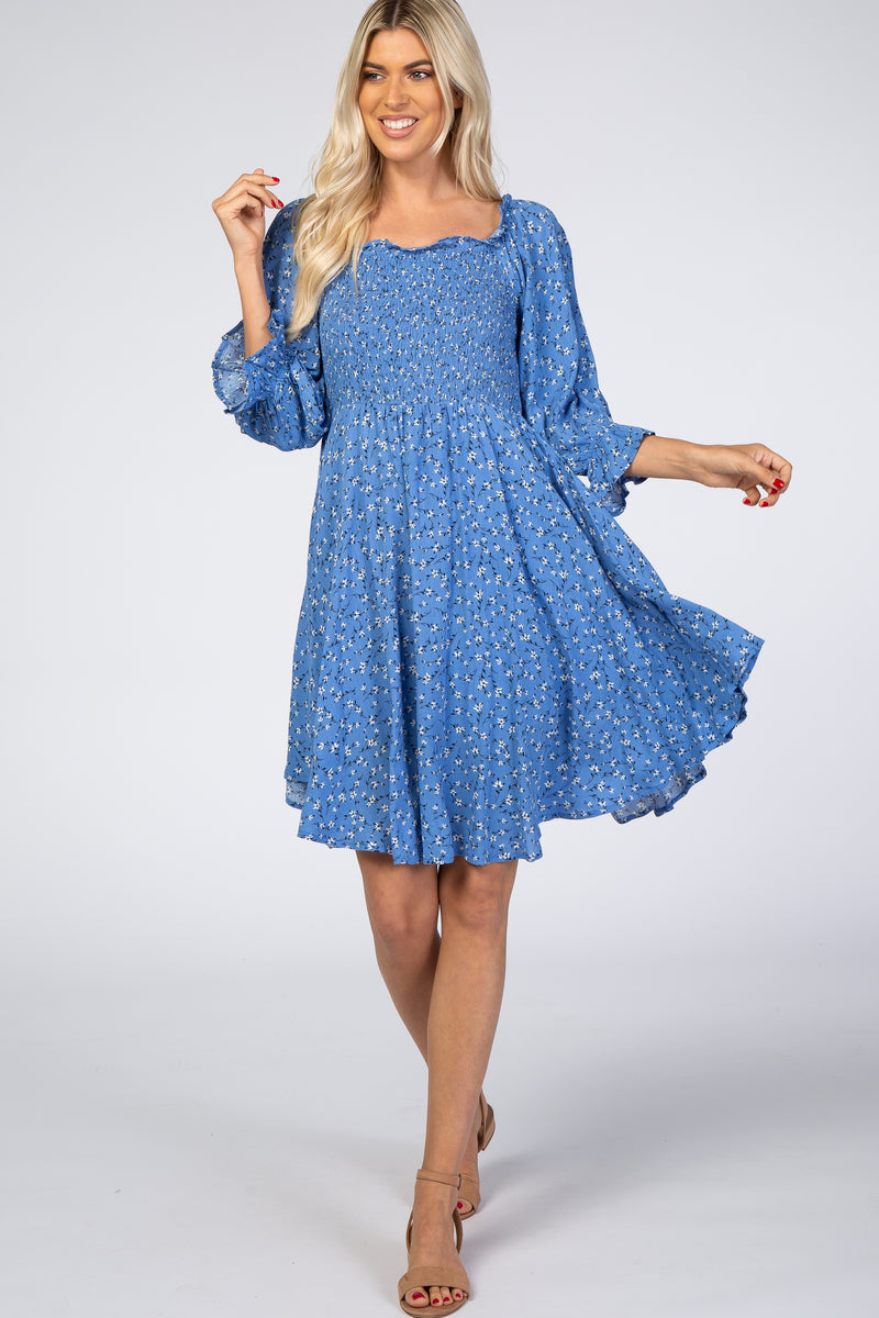 blue floral smocked dress Blue Floral Smocked Bodycon Dress – Gabi Swimwear main image 0
