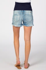 Light Blue Distressed Fringe Hem Maternity Denim Shorts
