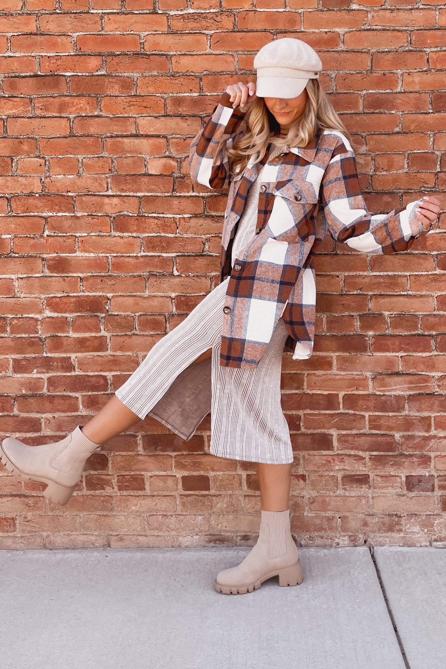 Mocha White Striped Fitted Midi Dress