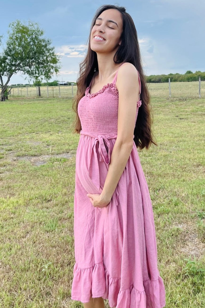 Pink Ruffle Smocked Maternity Dress