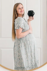 Light Blue Floral Ruffle Maternity Midi Dress
