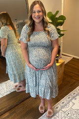Light Blue Floral Ruffle Maternity Midi Dress