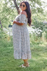 Light Blue Floral Ruffle Maternity Midi Dress