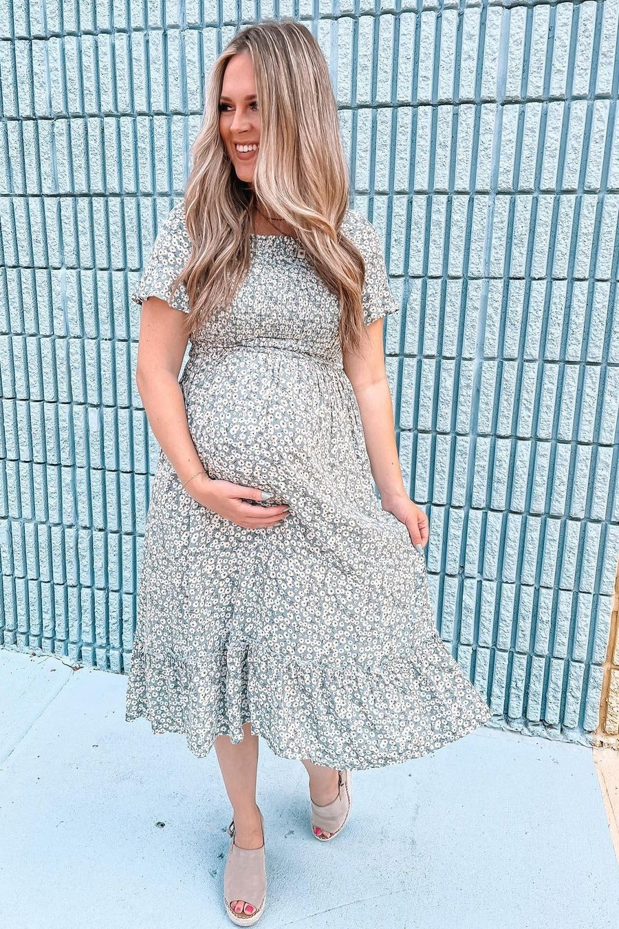 Light Blue Floral Ruffle Maternity Midi Dress Light Blue Floral Ruffle Maternity Midi Dress