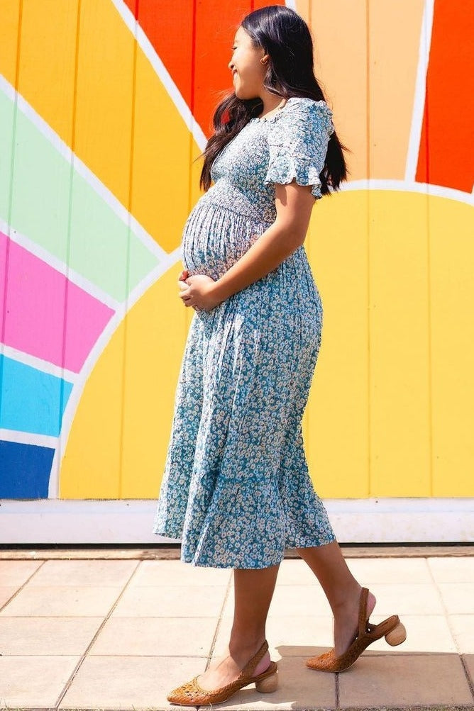 PinkBlush Light Blue Floral Ruffle Maternity Midi Dress Large