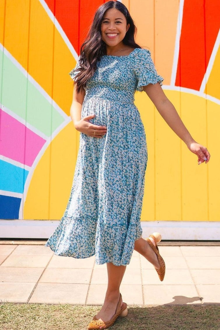 Light Blue Floral Ruffle Maternity Midi Dress Light Blue Floral Ruffle Maternity Midi Dress