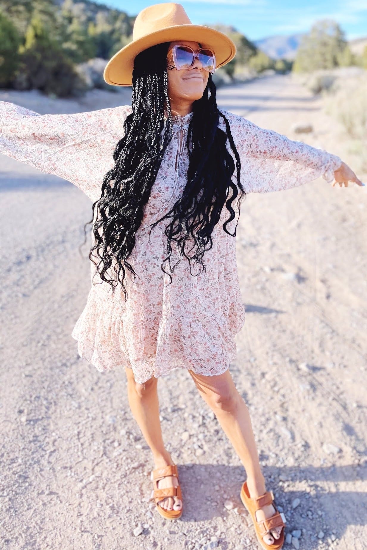 Cream Floral Chiffon Ruffle Hem Dress