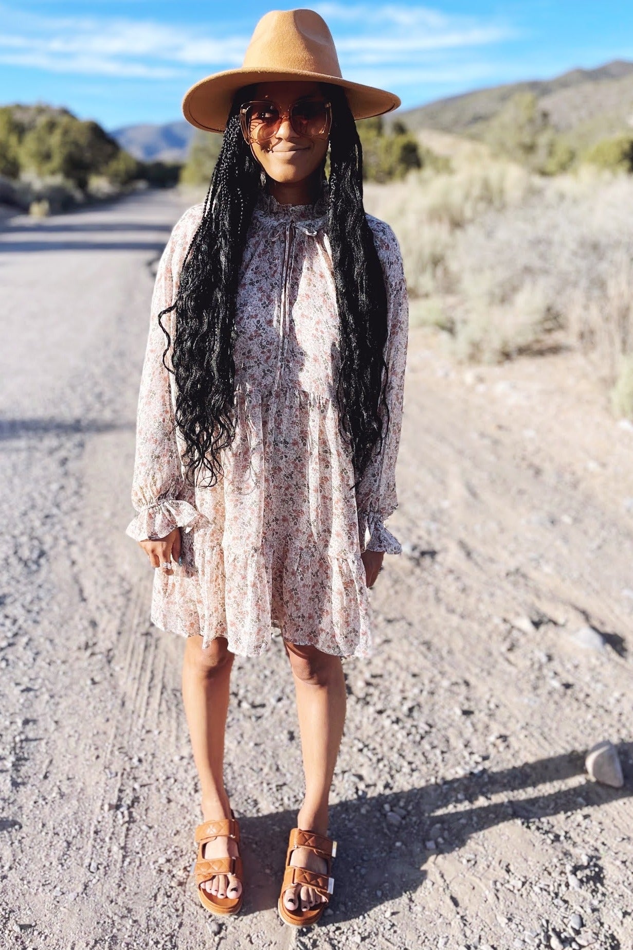 Cream Floral Chiffon Ruffle Hem Dress