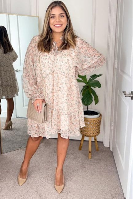 Cream Floral Chiffon Ruffle Hem Dress PinkBlush Cream Floral Chiffon Ruffle Hem Dress PinkBlush