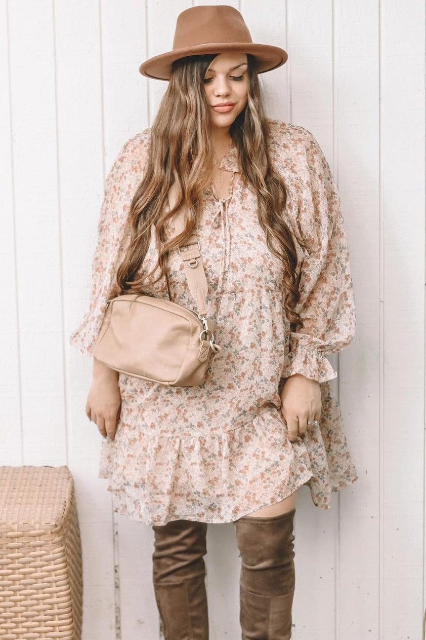 Cream Floral Chiffon Ruffle Hem Dress