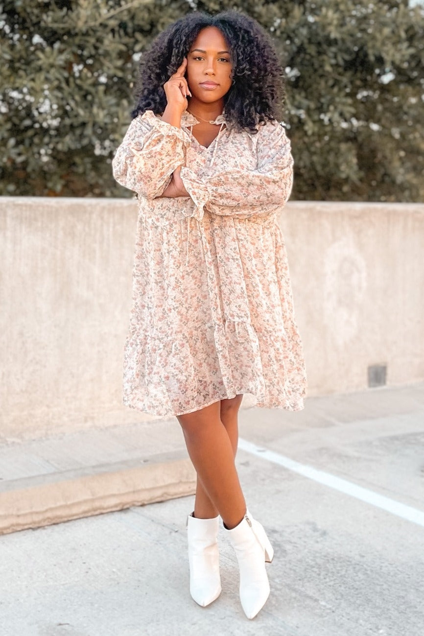 Cream Floral Chiffon Ruffle Hem Dress PinkBlush Cream Floral Chiffon Ruffle Hem Dress PinkBlush
