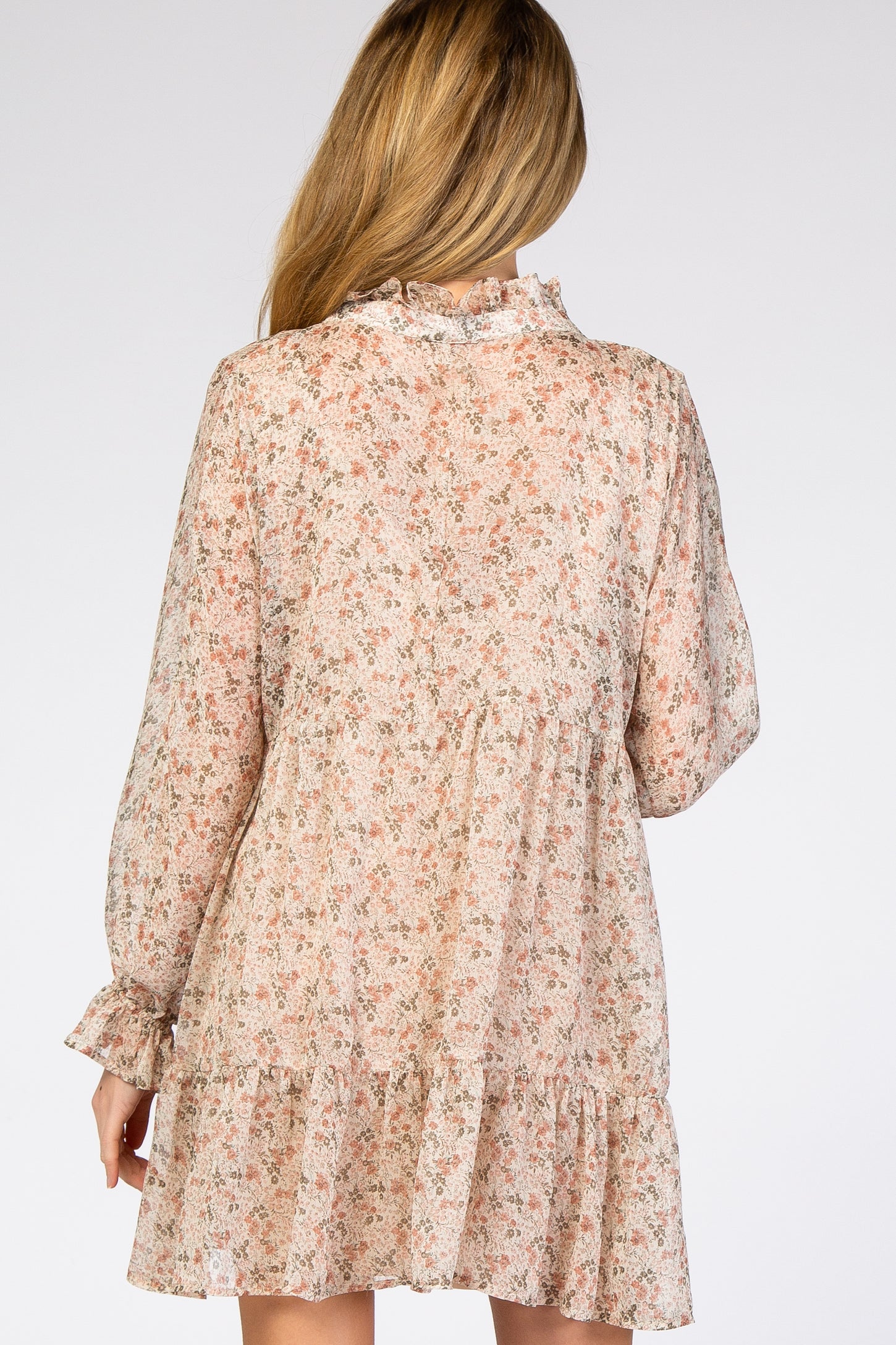 Cream Floral Chiffon Ruffle Hem Maternity Dress