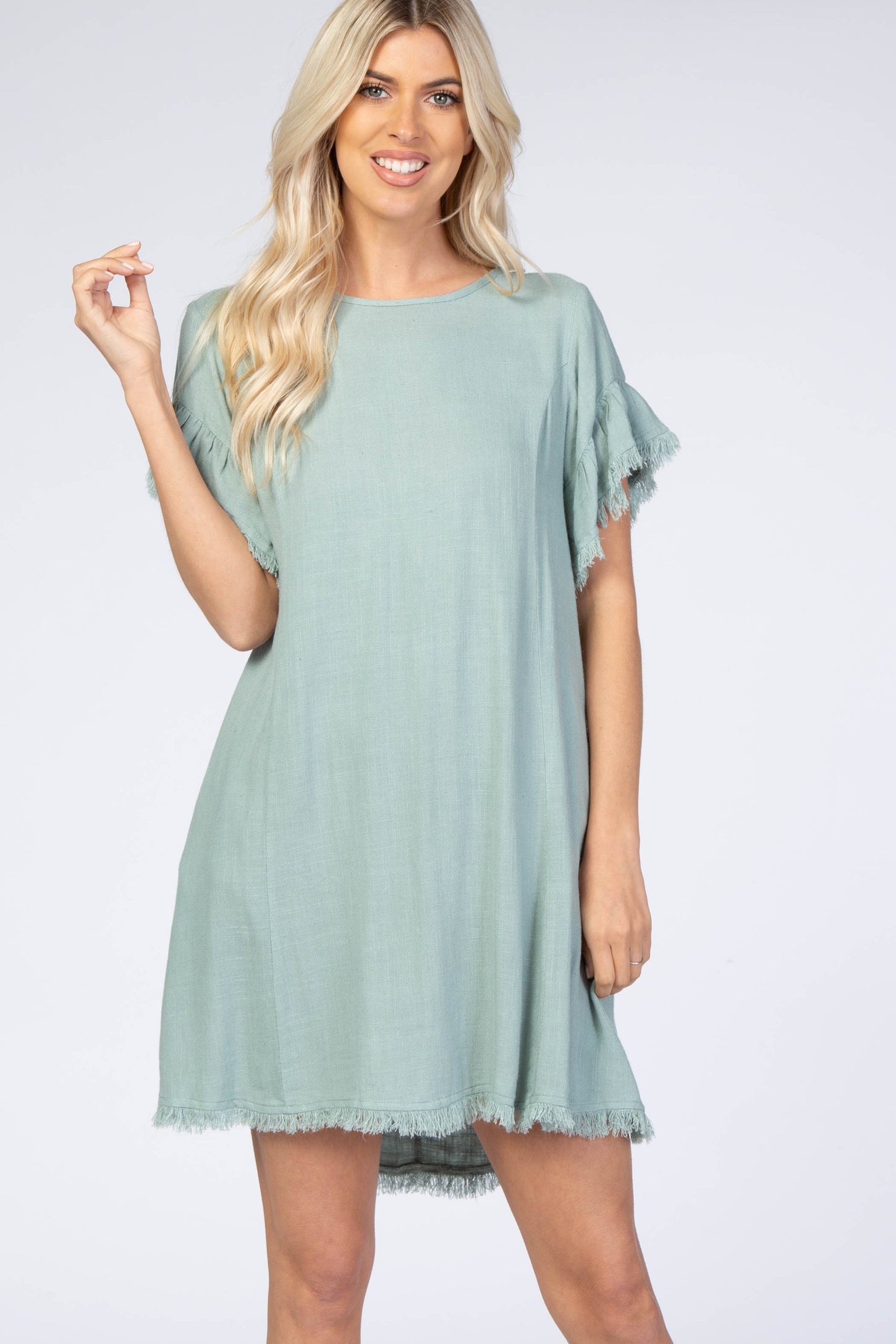 Mint Green Frayed Trim Back Keyhole Linen Dress Mint Green Frayed Trim Back Keyhole Linen Dress