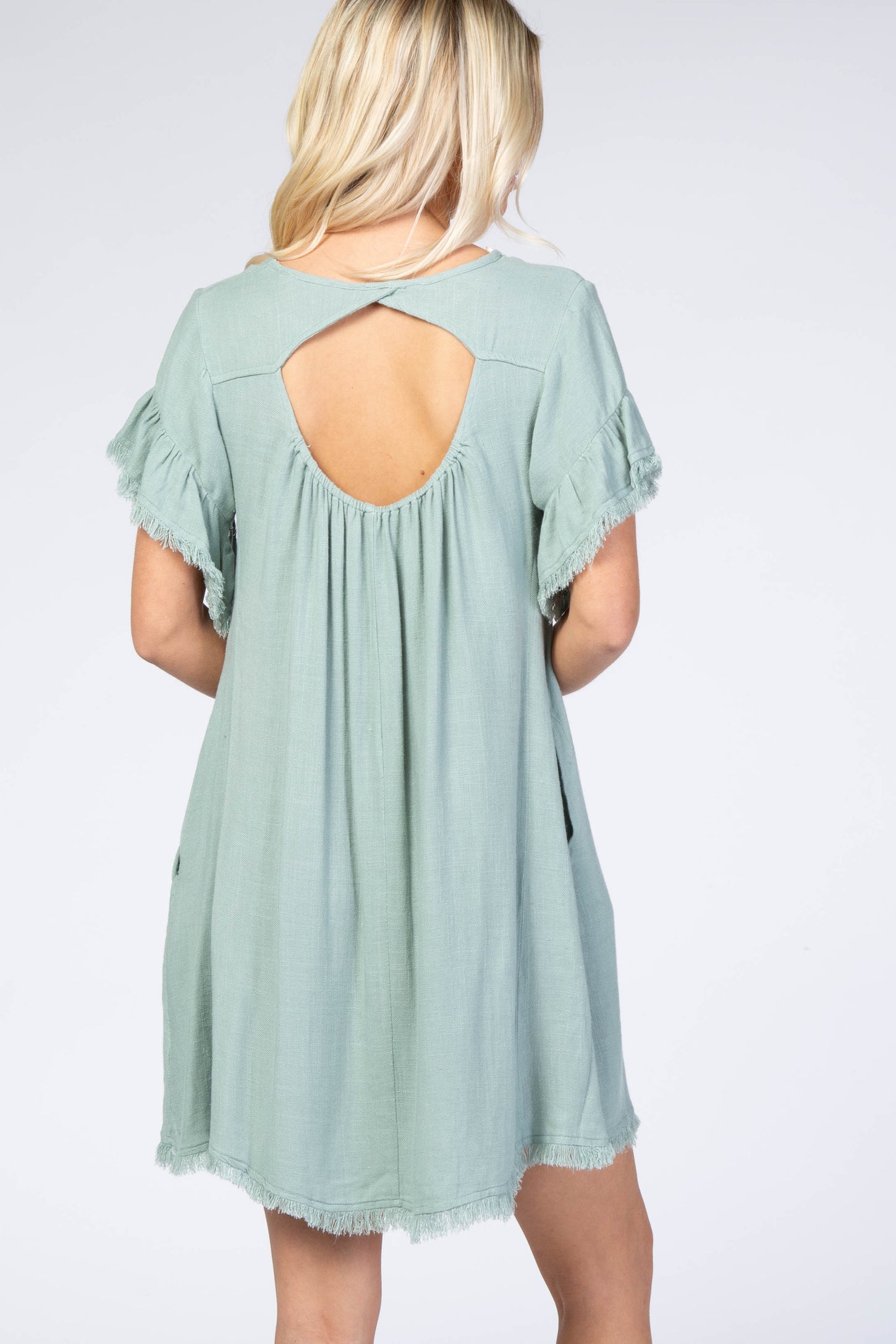 Mint Green Frayed Trim Back Keyhole Linen Dress Mint Green Frayed Trim Back Keyhole Linen Dress