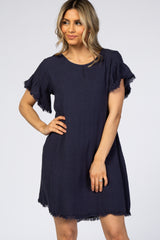 Navy Frayed Trim Back Keyhole Linen Dress