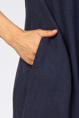 Navy Frayed Trim Back Keyhole Linen Dress