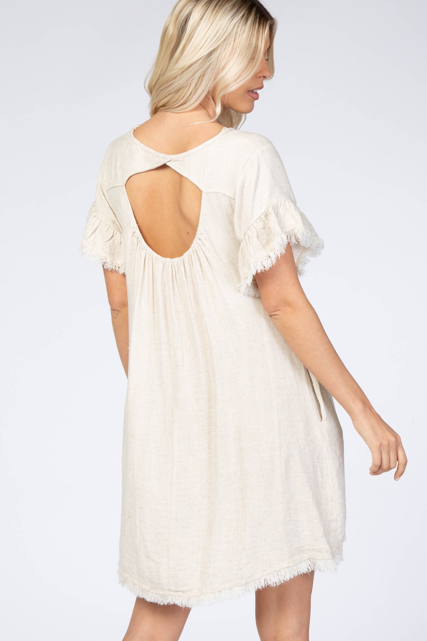 Cream Frayed Trim Back Keyhole Linen Maternity Dress Cream Frayed Trim Back Keyhole Linen Maternity Dress