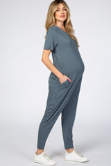 Dark Teal Basic Short Sleeve Maternity Jumpsuit