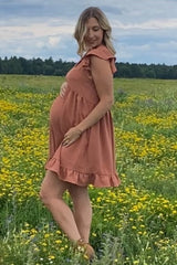 Rust Ruffle Hem V-Neck Maternity Dress