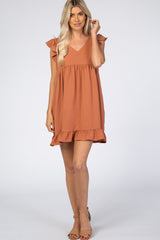 Rust Ruffle Hem V-Neck Maternity Dress