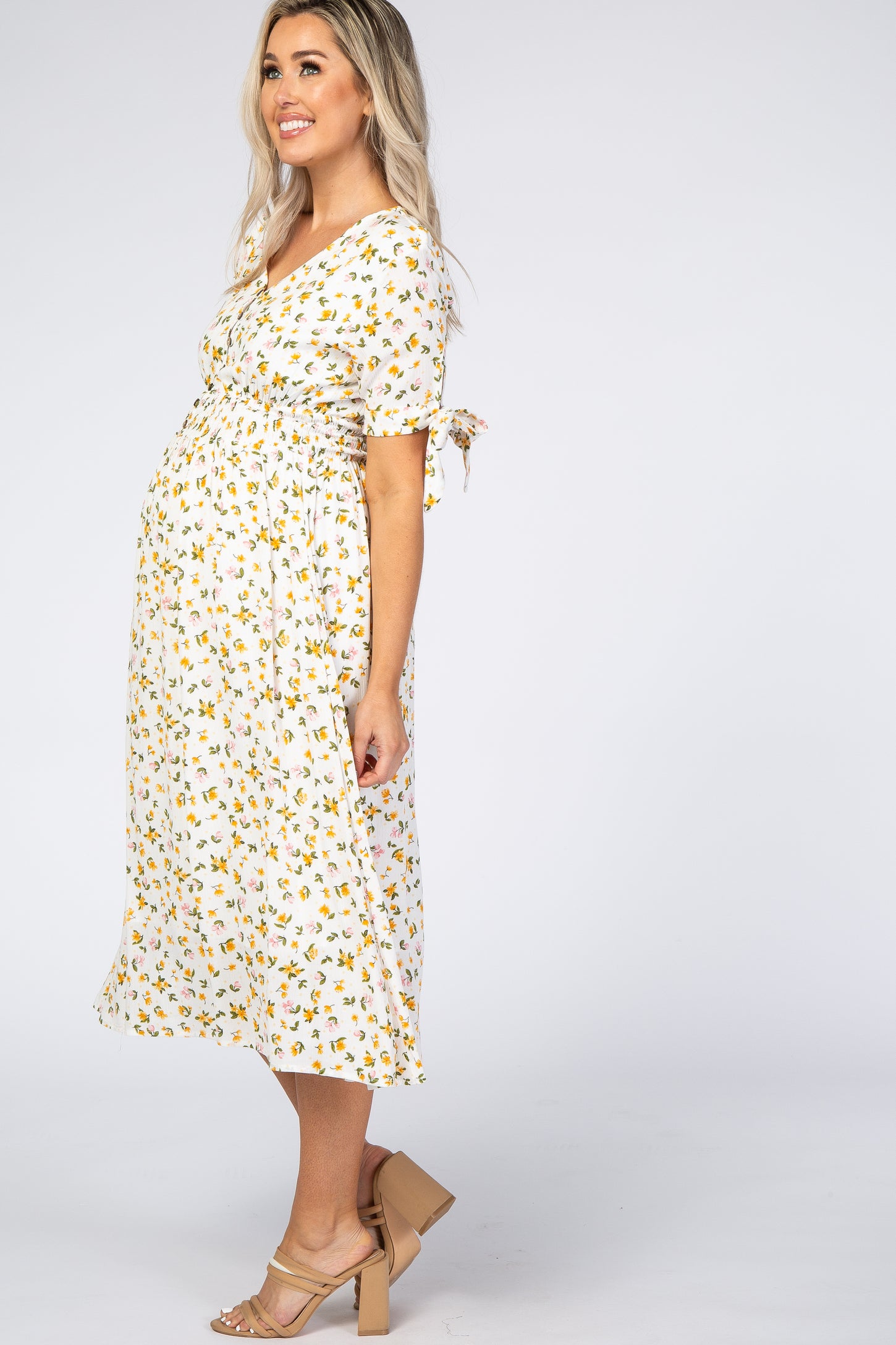 Ivory Floral Tie Sleeve Maternity Midi Dress