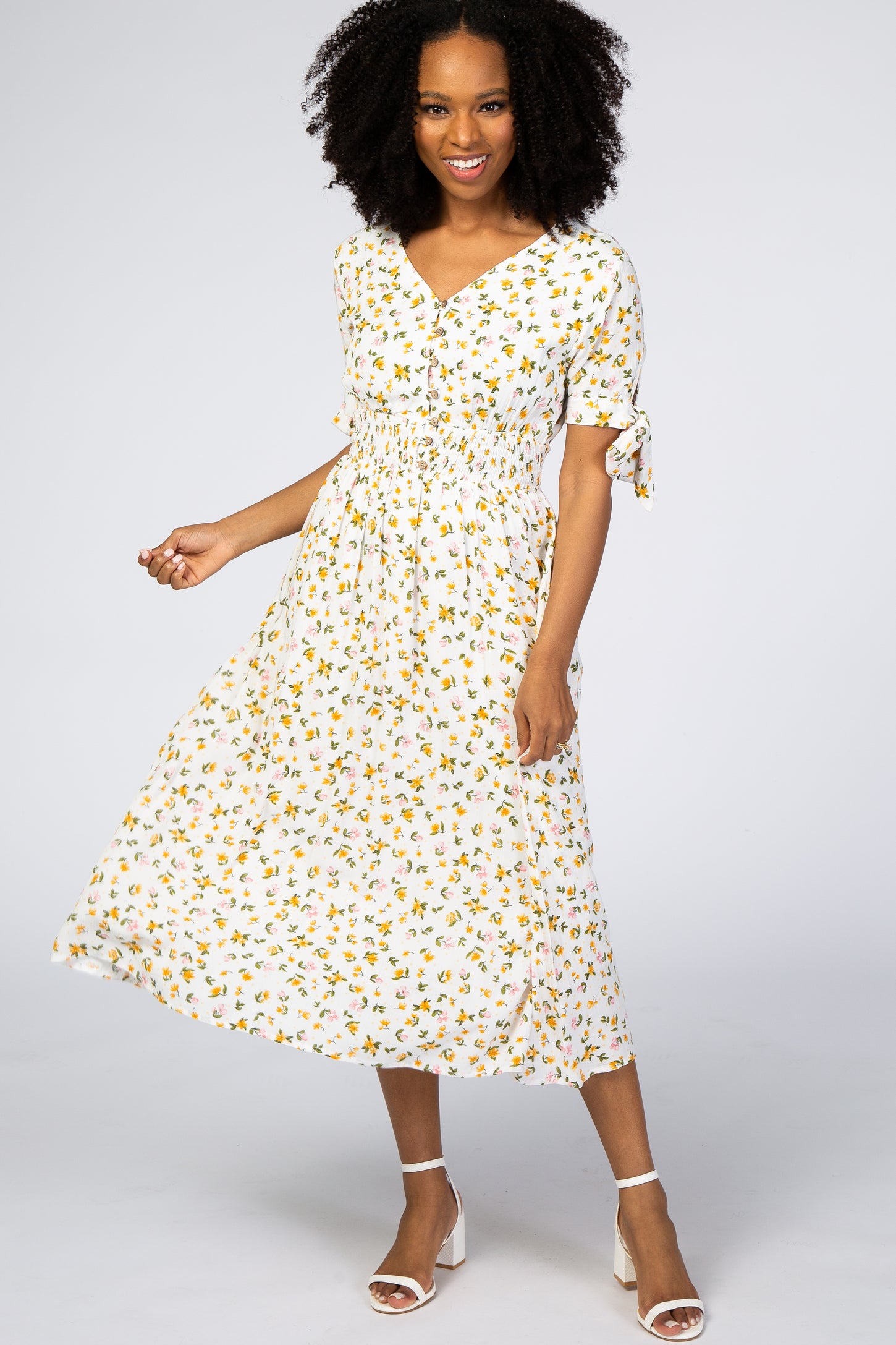 Ivory Floral Tie Sleeve Midi Dress Ivory Floral Tie Sleeve Midi Dress