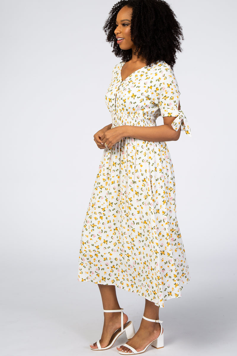 Ivory Floral Tie Sleeve Midi Dress – PinkBlush